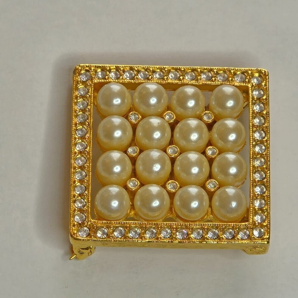 Joan Rivers Square Cluster Faux Pearl Rhinestones Gold Tone Brooch-Incomplete